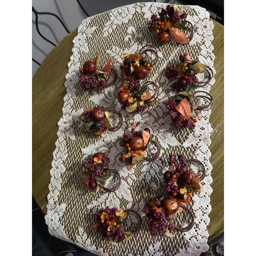 Vintage Autumn Harvest Napkin Rings Set of 10 Faux Berry Apple Pinecone Fall Dec